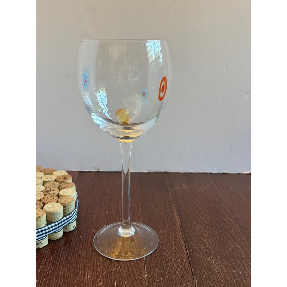 Murano Style Millefiori Floral Murrine Clear Glass Wine Goblet Hand‎ Blown 8.75"